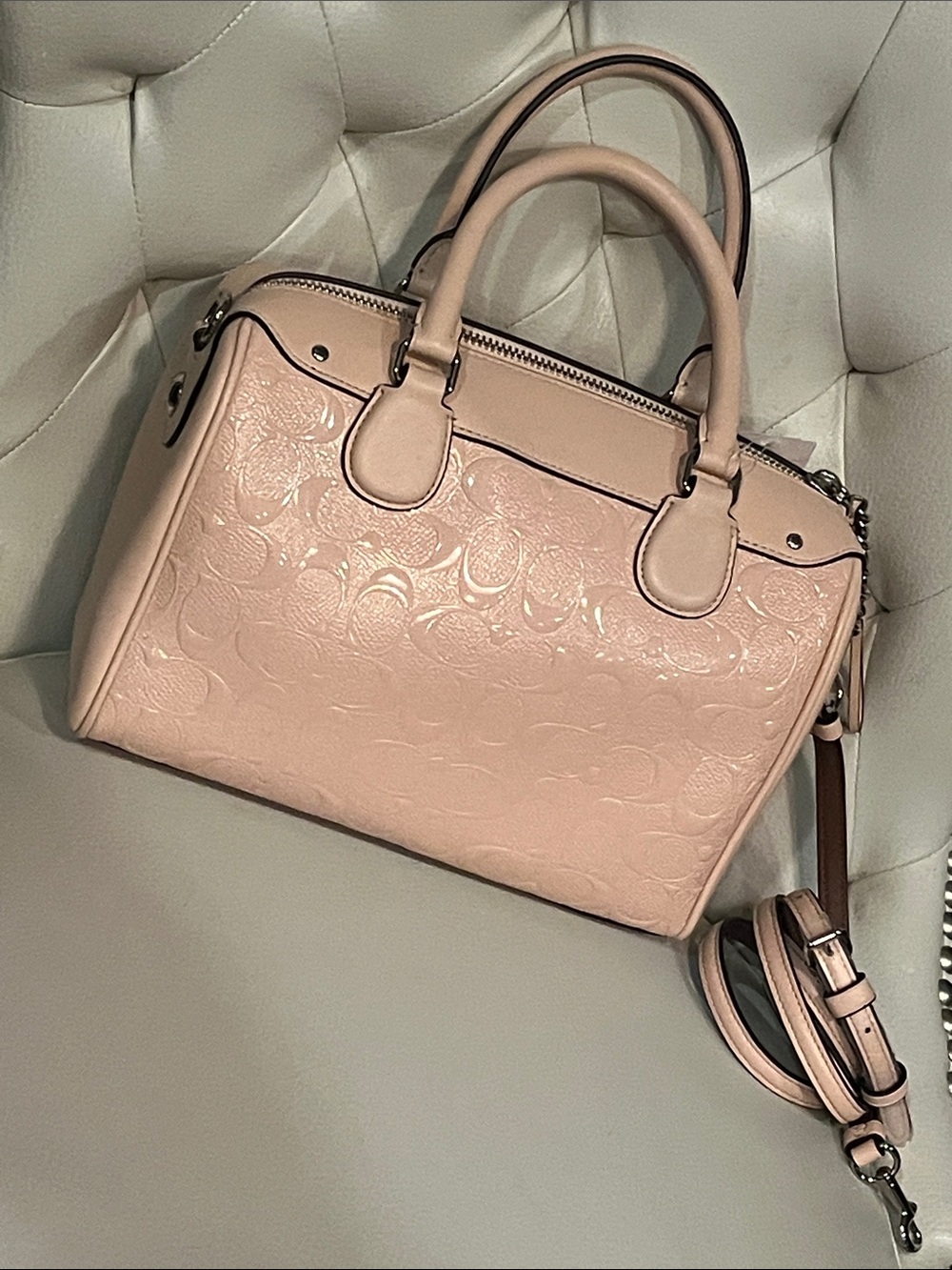 Coach Embossed Pebbled Patent Satchel Crossbody Light Blush Pink Beautiful Lux - Picture 5 of 11
